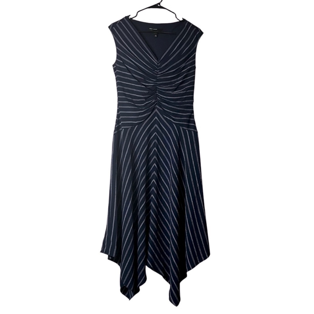 Maggy London Women’s Blue White Striped Midi Dress V-Neckline Size 8 - Picture 1 of 14